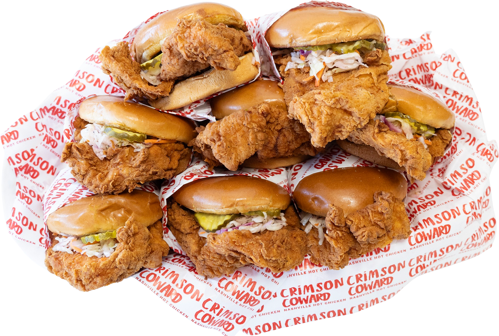 Crimson Tray of 25 halal Nashville hot chicken sandwiches for catering in Downey, CA