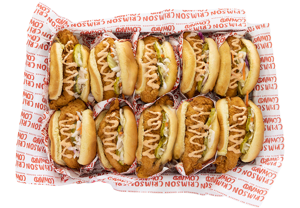 Crimson Coward halal hot chicken sliders on toasted brioche buns