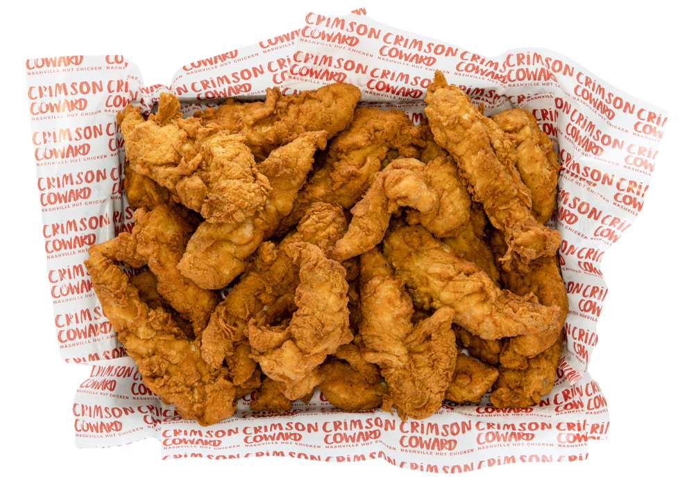 Crimson Coward halal Nashville hot chicken tenders, fresh never frozen